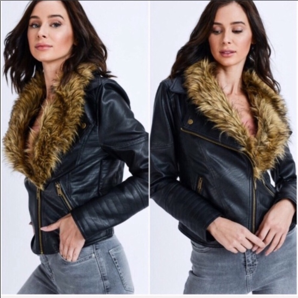 Leather Moto Jacket W/Removable Fur Collar - Picture 5 of 6